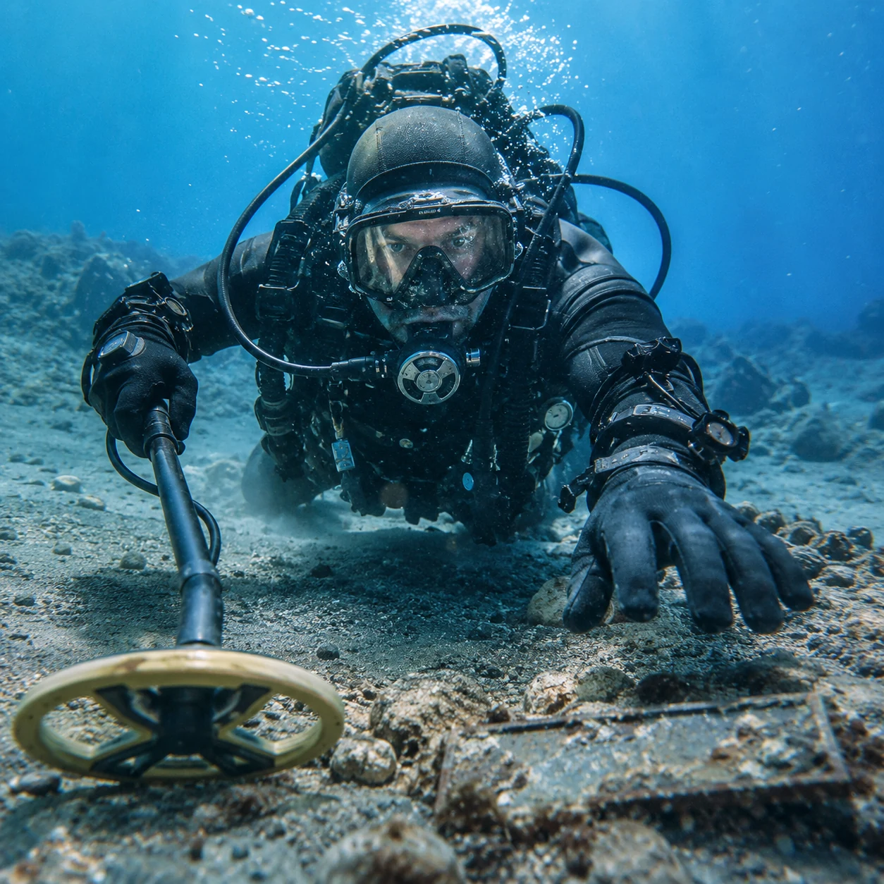 Diver conducting careful underwater recovery work along the bottom