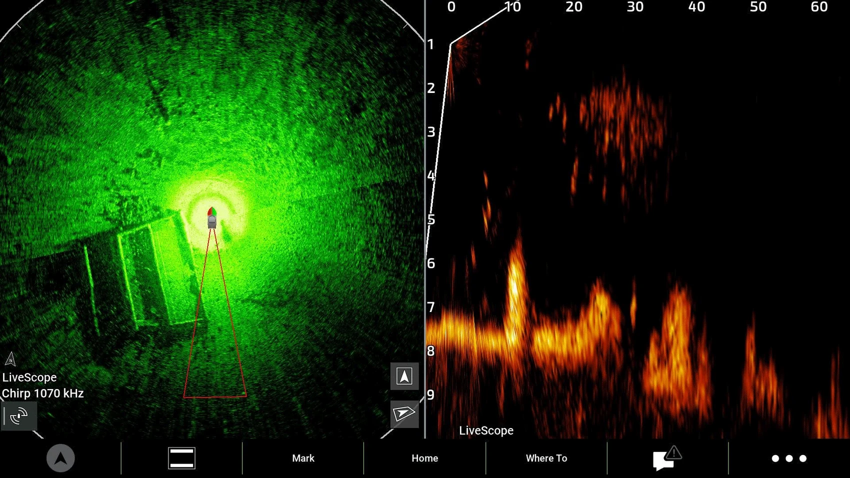 Sonar display identifying a possible underwater target during a search